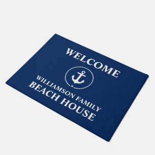 Seestrand-Haus-Familienname-Blau-Willkommen Fußmatte