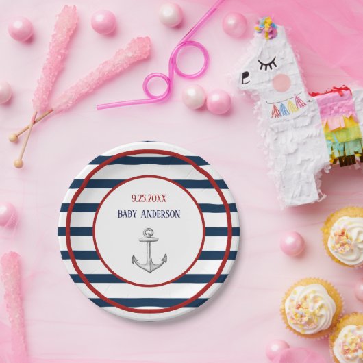 Seestreifen und Anker-Babyparty Pappteller (Party)