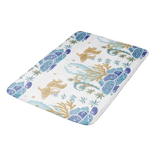 Seetang-Glitzer Blaues Meeresmuster Badematte (Schrägansicht)