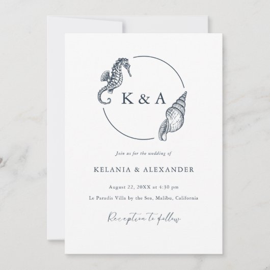 Seetranel Ocean Waves Nautical Monogram Wedding Einladung (Vorderseite)