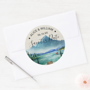 Seeufer-Berg-Hochzeit-Save-the-Date-Aufkleber Runder Aufkleber