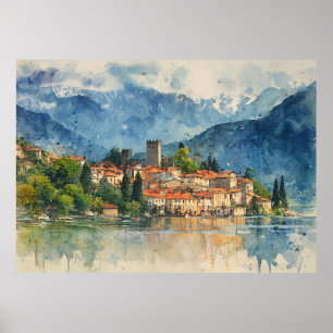 Seeufer Como Italien - Wasserfarben-Splash-Malerei Poster