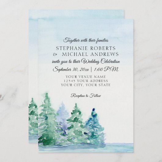 Seeufer-Gebirgshohe Kiefern-Hochzeit im Freien Einladung (Vorne/Hinten)