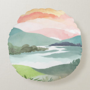 Seeufer Sonnenaufgang am Morgen   Aquarell Natur Rundes Kissen