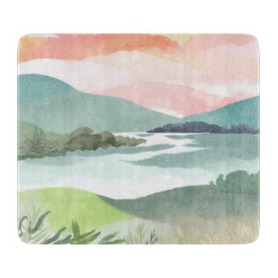 Seeufer Sonnenaufgang am Morgen   Aquarell Natur Schneidebrett