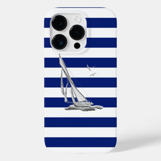 Segel-Boot mit nautischem Chrome auf Navy Stripes Case-Mate iPhone Hülle (Rückseite)