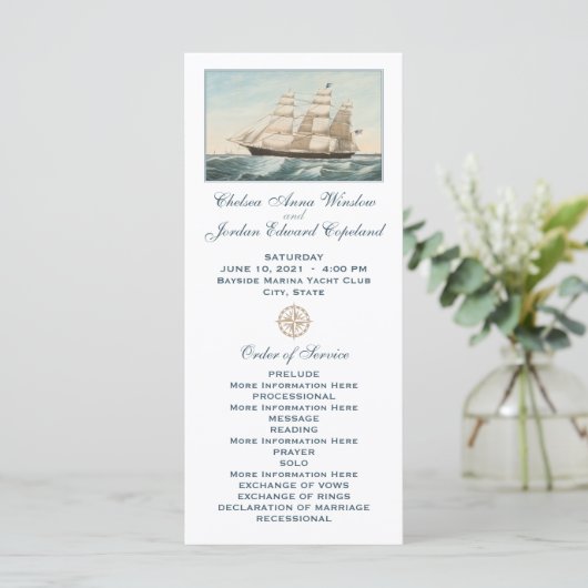 Segel-Clipper-Schiff | Hochzeitsprogramm Programm (Stehend Vorderseite)