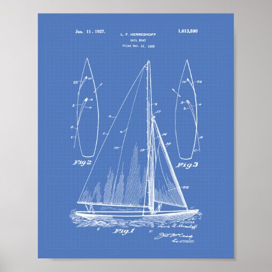 Segelboot 1927 Patent Kunst Blaupause Poster (Vorne)