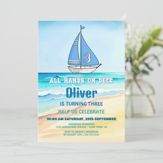 Segelboot 3. Geburtstag Party Einladung (Stehend Vorderseite)