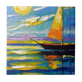 Segelboot am Sonnenuntergang Fliese (Vorderseite)