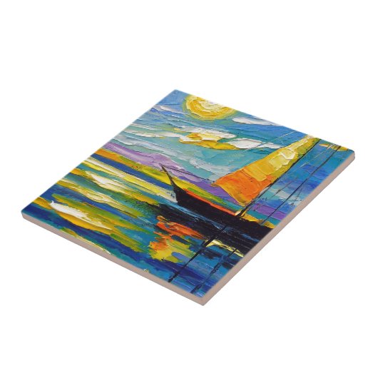 Segelboot am Sonnenuntergang Fliese (Seite)