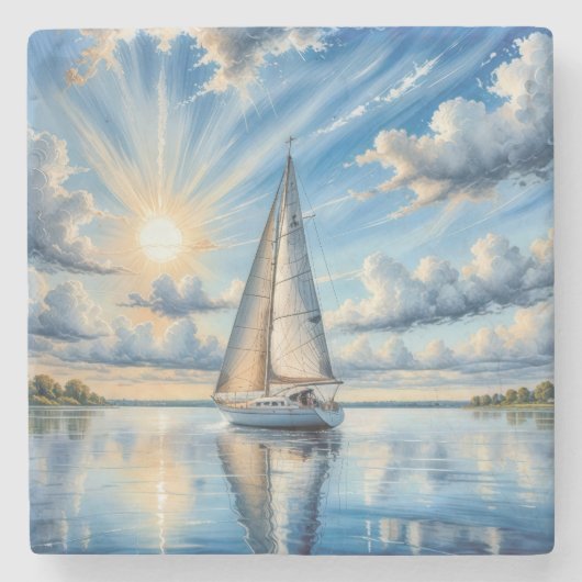 Segelboot Aquarell im Sonnenschein Steinuntersetzer (Vorderseite)