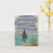 Segelboot auf blauem türkisblauem Wasser - gefalte Karte (Gelbe Blume)