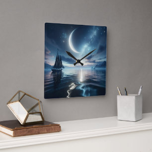 Segelboot auf dem Moonlit Wasser Quadratische Wanduhr