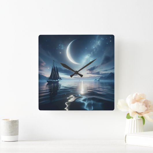 Segelboot auf dem Moonlit Wasser Quadratische Wanduhr (Zuhause)