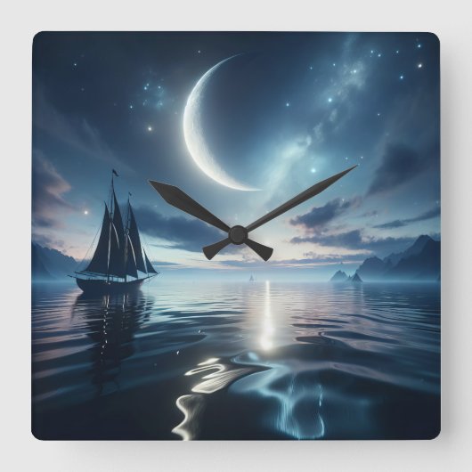 Segelboot auf dem Moonlit Wasser Quadratische Wanduhr (Vorderseite)