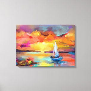 Segelboot auf dem See mit Sonnenlicht Mauer Art Leinwanddruck