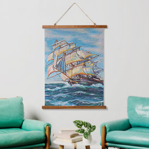 Segelboot auf Rough Sea Waters 26x36 Wandteppich Mit Holzrahmen