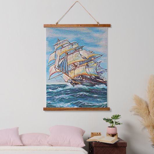 Segelboot auf Rough Sea Waters 26x36 Wandteppich Mit Holzrahmen (Schlafzimmer)