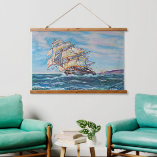 Segelboot auf Rough Sea Waters 36x26 Wandteppich Mit Holzrahmen