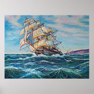 Segelboot auf Rough Waters Ölgemälde Image Poster