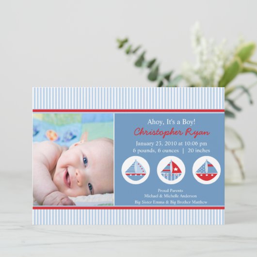 Segelboot-Baby-Geburt Annoucement Einladung (Stehend Vorderseite)