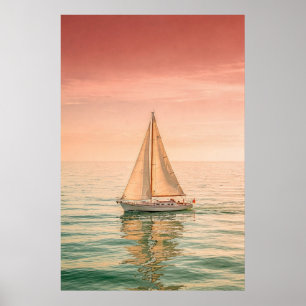 Segelboot bei Sonnenuntergang auf ruhigem Wasser Poster