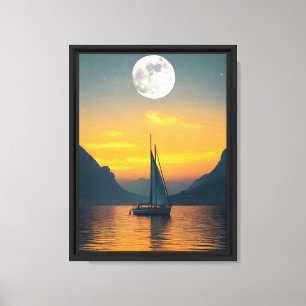 Segelboot bei Sonnenuntergang mit Vollmond - Fried Leinwanddruck