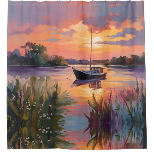 Segelboot bei Sunrise Duschvorhang (Vorderseite)