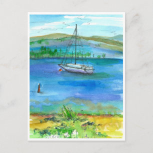Segelboot Berg Seen Aquarellmalerei Postkarte