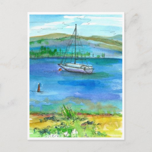 Segelboot Berg Seen Aquarellmalerei Postkarte (Vorderseite)