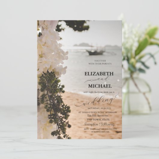 Segelboot Blume Script Beach Hochzeit Einladung (Stehend Vorderseite)
