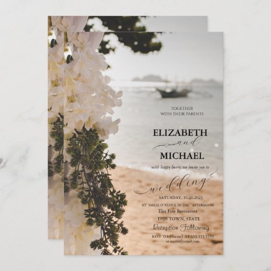Segelboot Blume Script Beach Hochzeit Einladung (Vorne/Hinten)