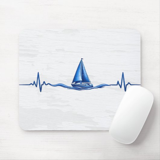 Segelboot, das auf einer blauen Herzfrequenz-Grafi Mousepad (Mit Mouse)