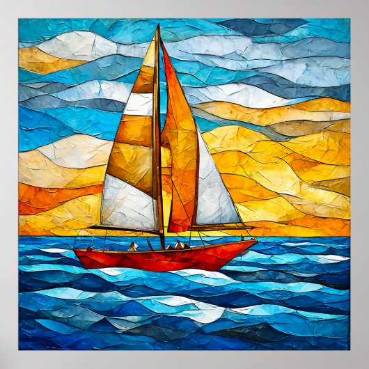 Segelboot, das über blaue Wellen gleitet Poster (Vorne)