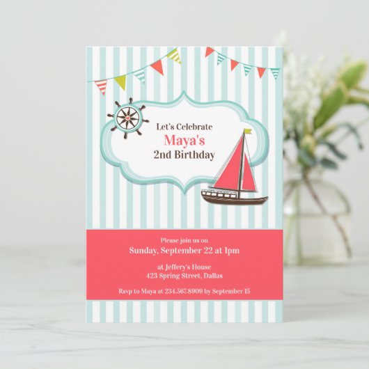 Segelboot Geburtstagsparty Einladung (Stehend Vorderseite)