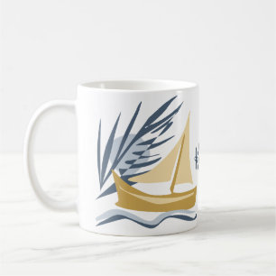 Segelboot im Hintergrund des Mondes und der Palme Kaffeetasse