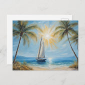 Segelboot in der Nähe von Tropical Beach, Palmen Postkarte (Vorne/Hinten)