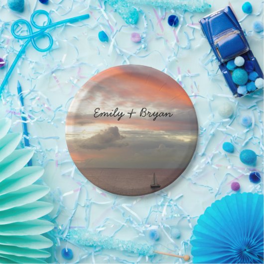 Segelboot in Sunset Beautiful Pink Seascape Pappteller (Party)