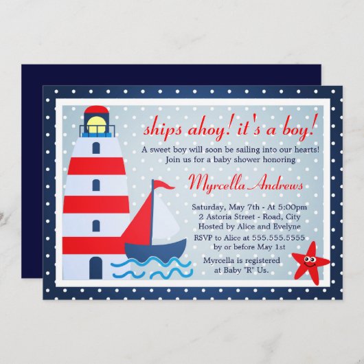 Segelboot Kinderdusche Einladung (Vorne/Hinten)