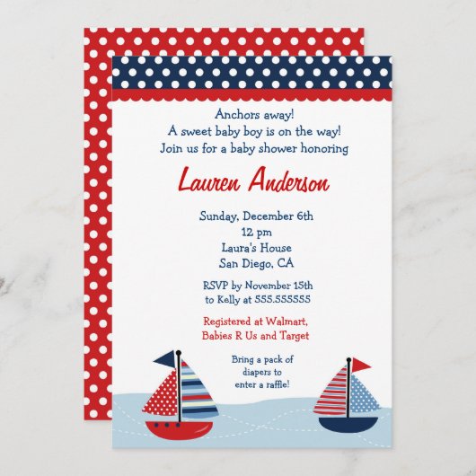 Segelboot Kinderdusche Einladungen (Vorne/Hinten)