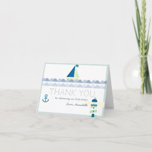Segelboot & Leuchtturm Nautical Blau Babyparty Dankeskarte