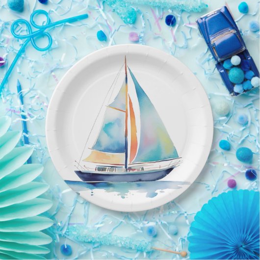 Segelboot mit Aquarellfarbe Pappteller (Party)