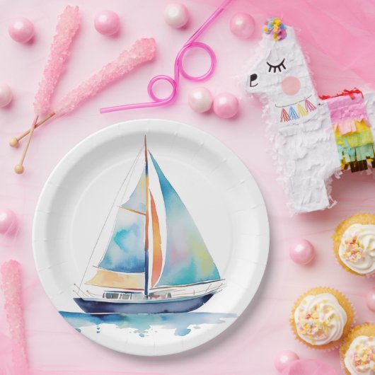 Segelboot mit Aquarellfarbe Pappteller (Party)