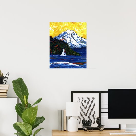 Segelboot mit Berg Rainier Poster (Heimbüro)