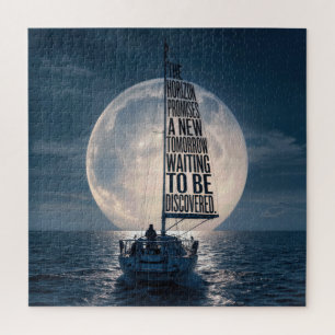 Segelboot mit inspirierendem Zitat im Mondlicht Puzzle