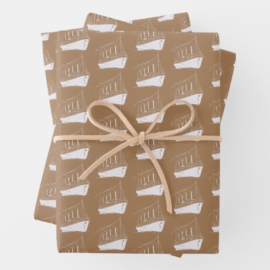 Segelboot mit nautischem Gold und Weißschiff Geschenkpapier Set (Beispiel)