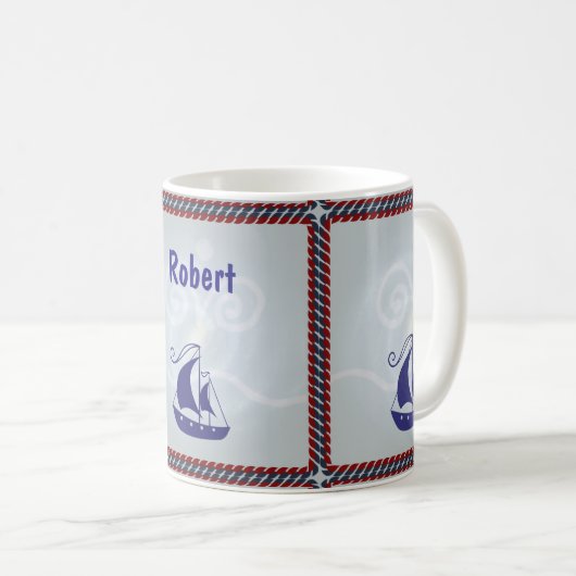 Segelboot mit Rope-Rahmen-Text Kaffeetasse (VorderseiteRechts)