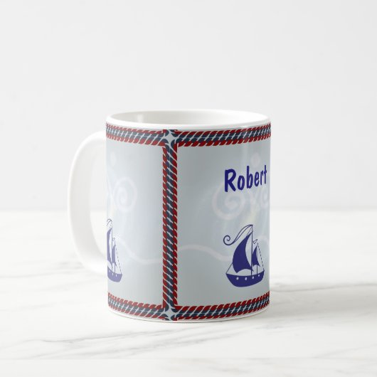 Segelboot mit Rope-Rahmen-Text Kaffeetasse (Vorderseite Links)