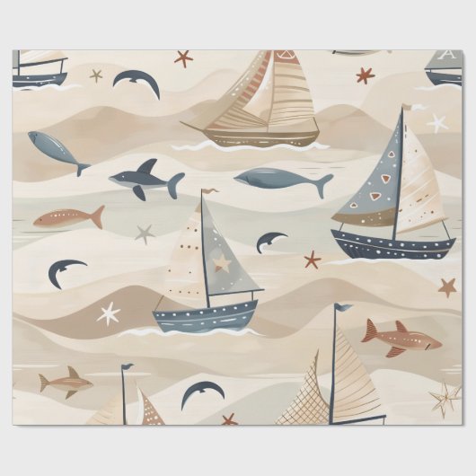 Segelboot Nahtloses Muster | Neutrale Töne Kinder Geschenkpapier (Flach)